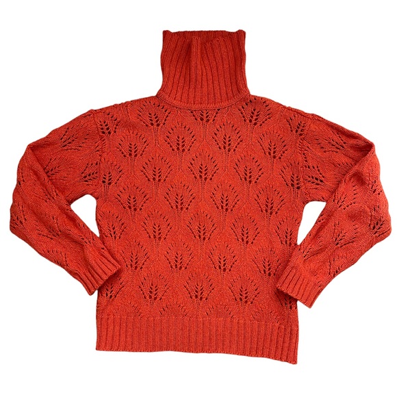 Vintage | Orange Pointelle Drop Shoulder Balloon Sleeve Turtleneck Sweater - Picture 2 of 13